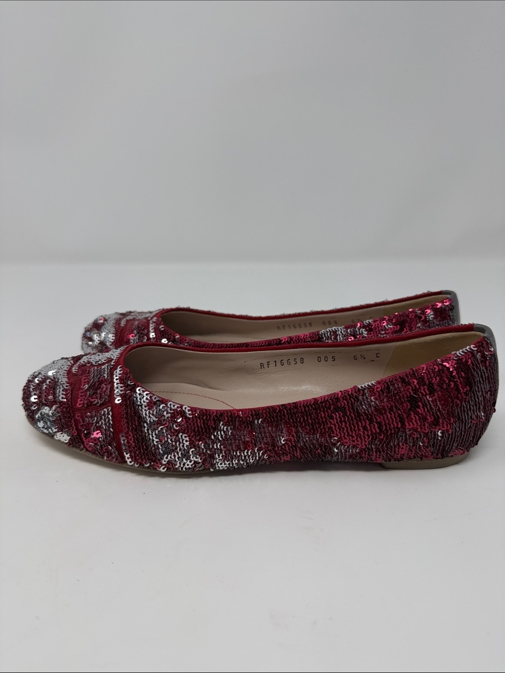 Salvatore Ferragamo Red and Silver Sequin Ballet Flats - Picture 2 of 5